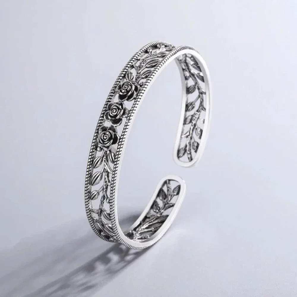 925 Sterling SIlver Rose Bangle Bracelet Rose Flower Engraved Bracelet